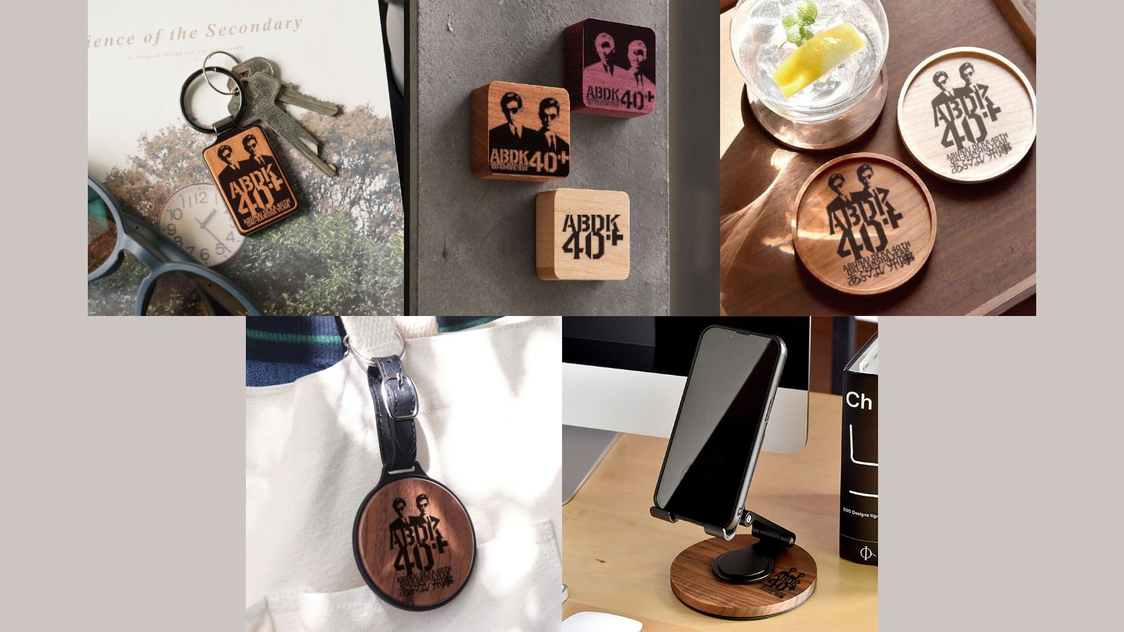 ①KEYRING001 ②Block Magnets ③Coaster Round ④BAG TAG Lサイズ ⑤Smartphone Stand Adjustable